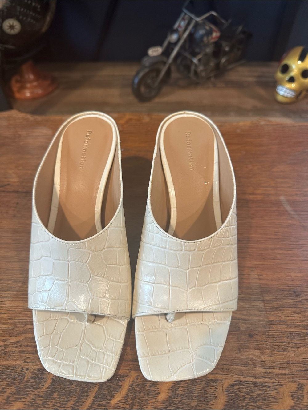 Reformation Cream Croc-Embossed Mule Slides